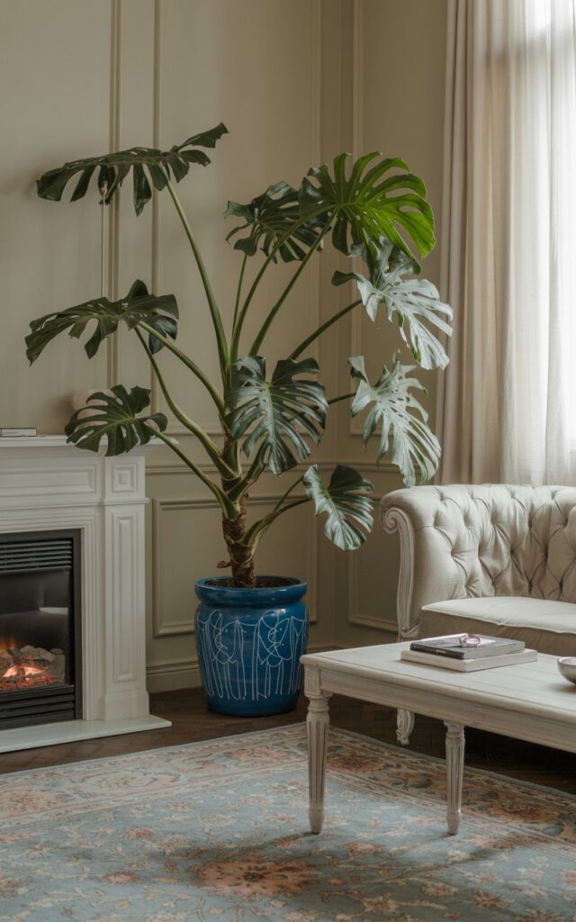 Elegant living room featuring a large monstera plant in a decorative blue pot, adding height and greenery.