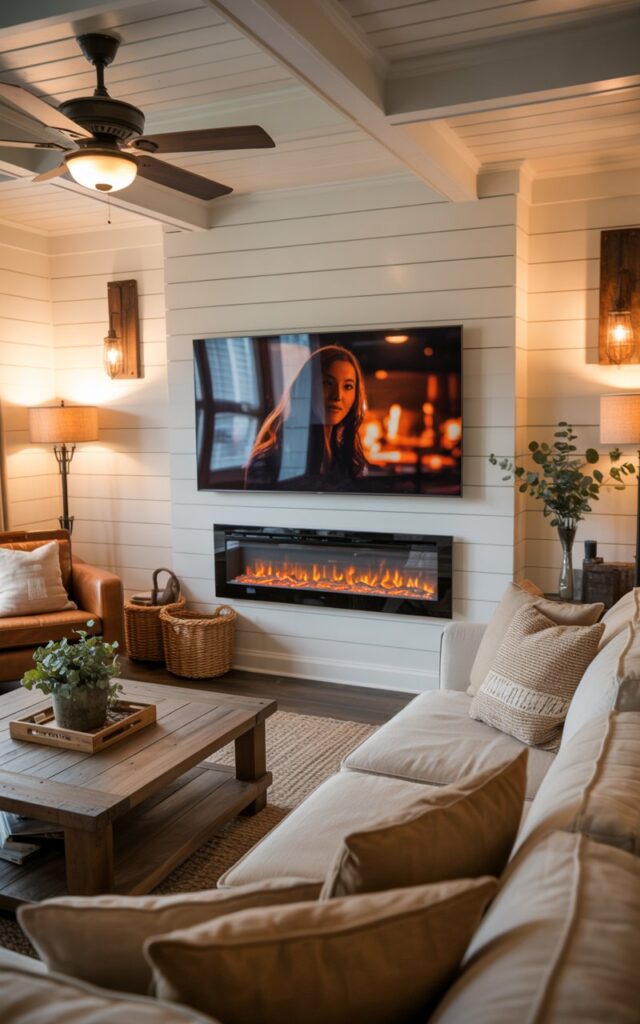 Modern farmhouse living room with a wall-mounted TV above an electric fireplace, surrounded by cozy seating.