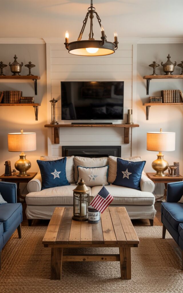 Cozy Americana living room with matching wooden side tables flanking a beige sofa, topped with identical lamps.