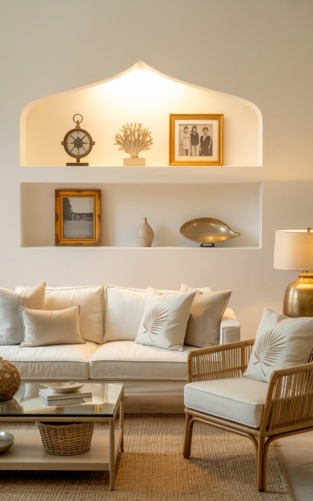 Modern Palm Beach living room with a curated wall niche displaying vintage and personal keepsakes.