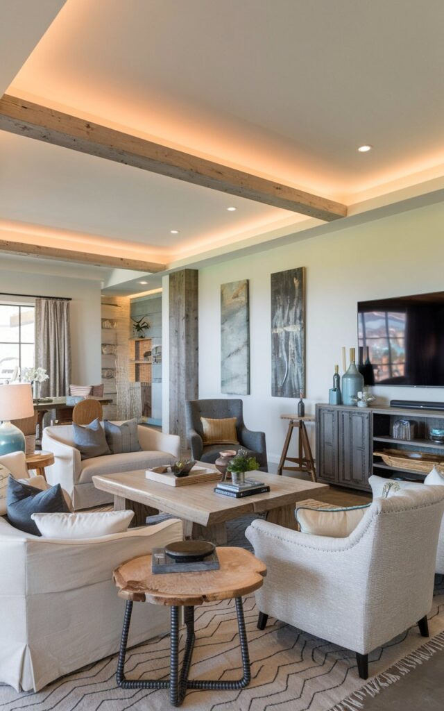 Modern Americana living room with an asymmetrical furniture arrangement featuring mismatched chairs and layered lighting.