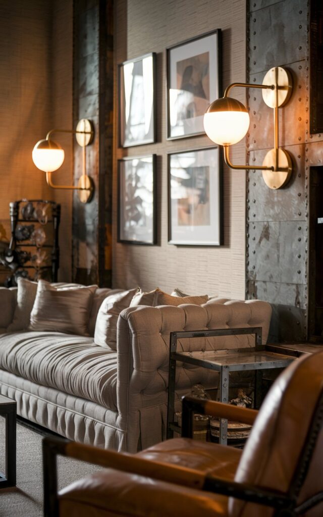 Rustic-industrial living room with brass globe wall sconces flanking a neutral sofa.