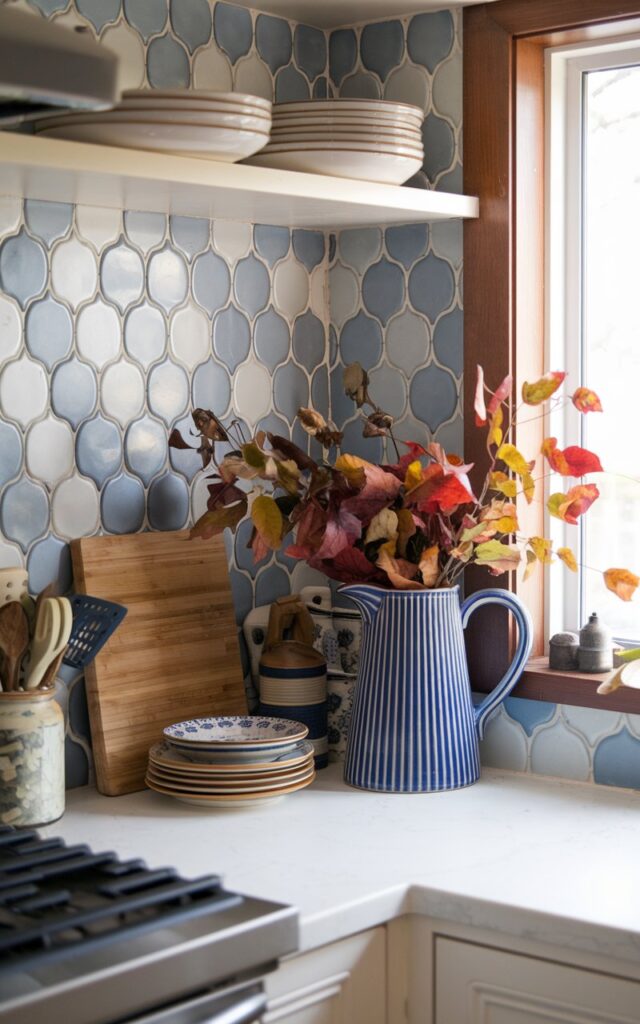 Blue ceramic pitcher filled with fall foliage on kitchen counter