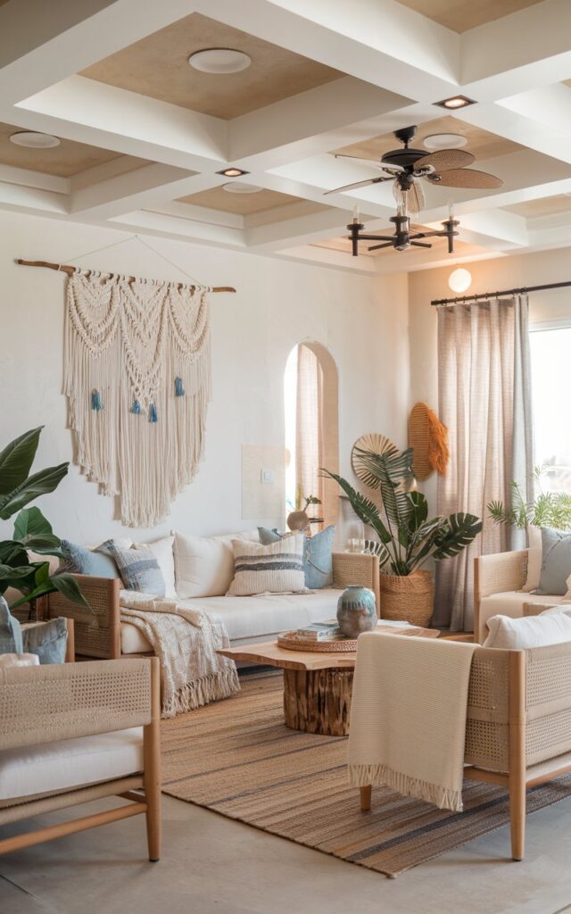 Macramé wall art with blue accents in a boho living room
