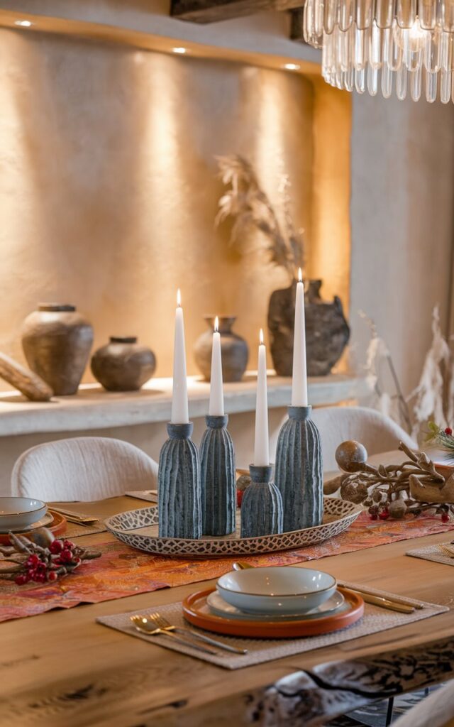 White candles in blue holders on dining table