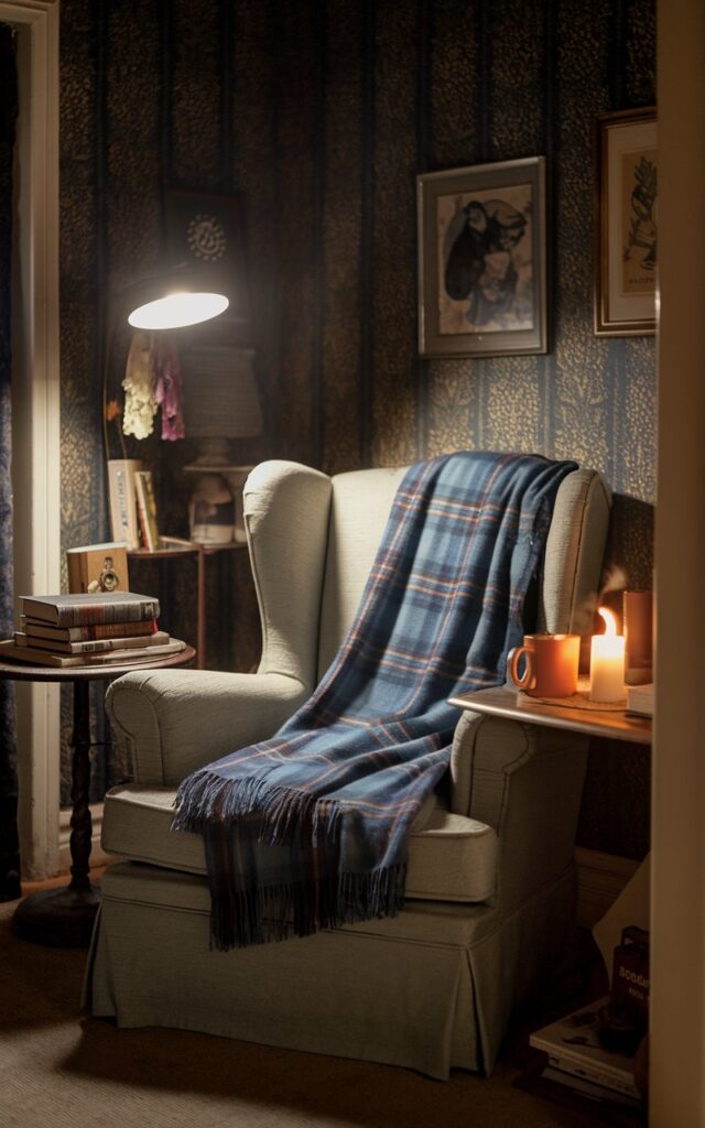 Blue plaid throw on armchair in cozy reading nook
