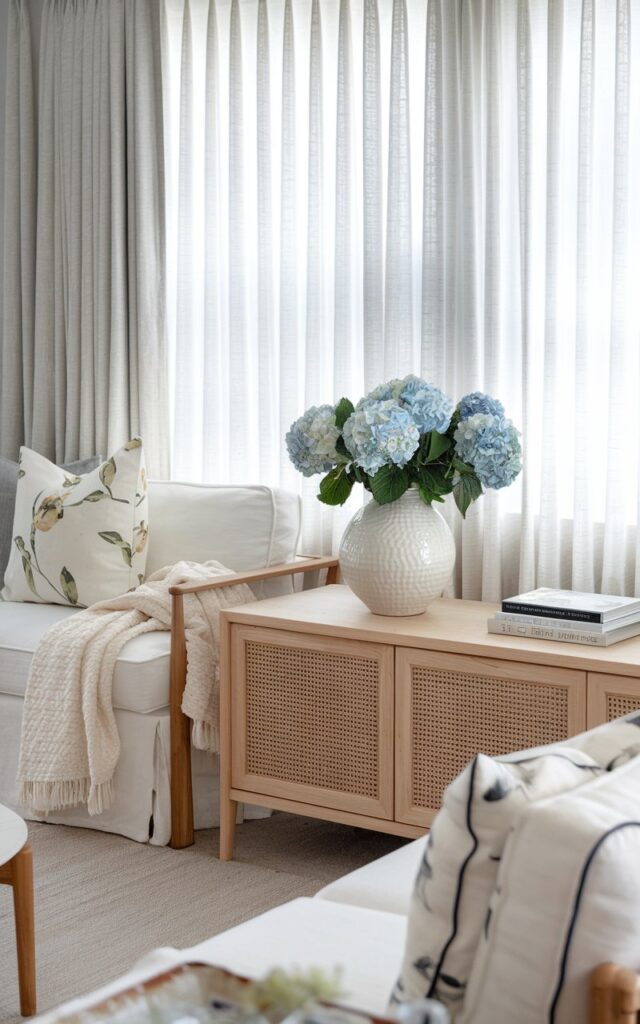 Blue hydrangeas in white vase in cozy living room