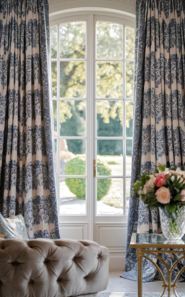 Blue and white patterned curtains framing large windows
