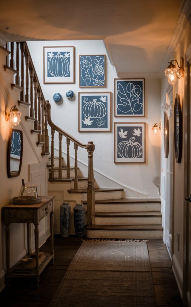 Gallery wall with blue and white autumn-themed prints