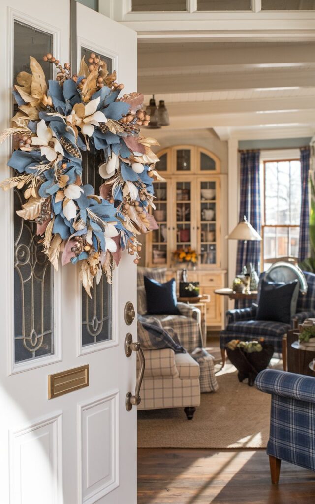 Blue and white fall wreath on front door