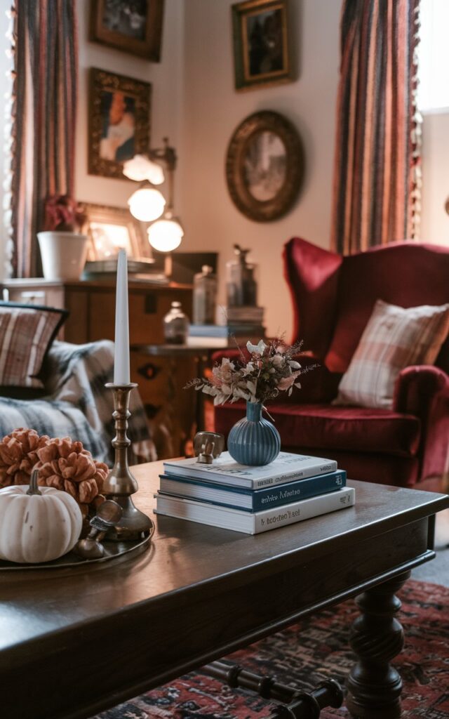 Stack of blue and white coffee table books with fall decor