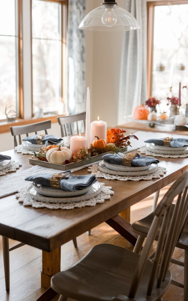 Dining table with white linens and blue napkins
