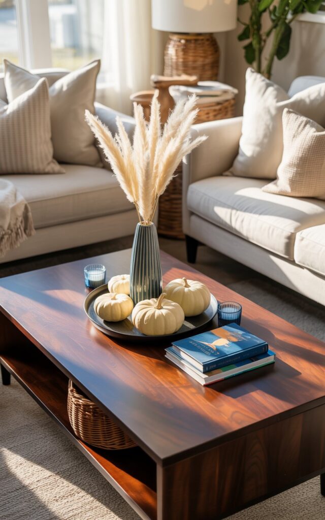 Coffee table with blue vase and white pumpkins
