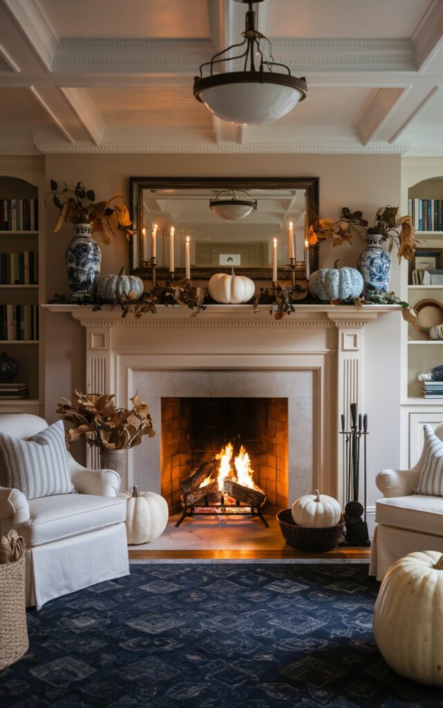 Navy rug in front of fireplace with blue and white accents