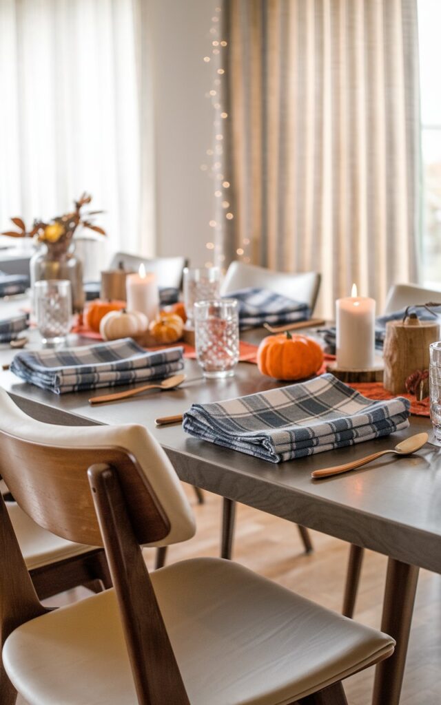 Blue and white plaid napkins on dining table