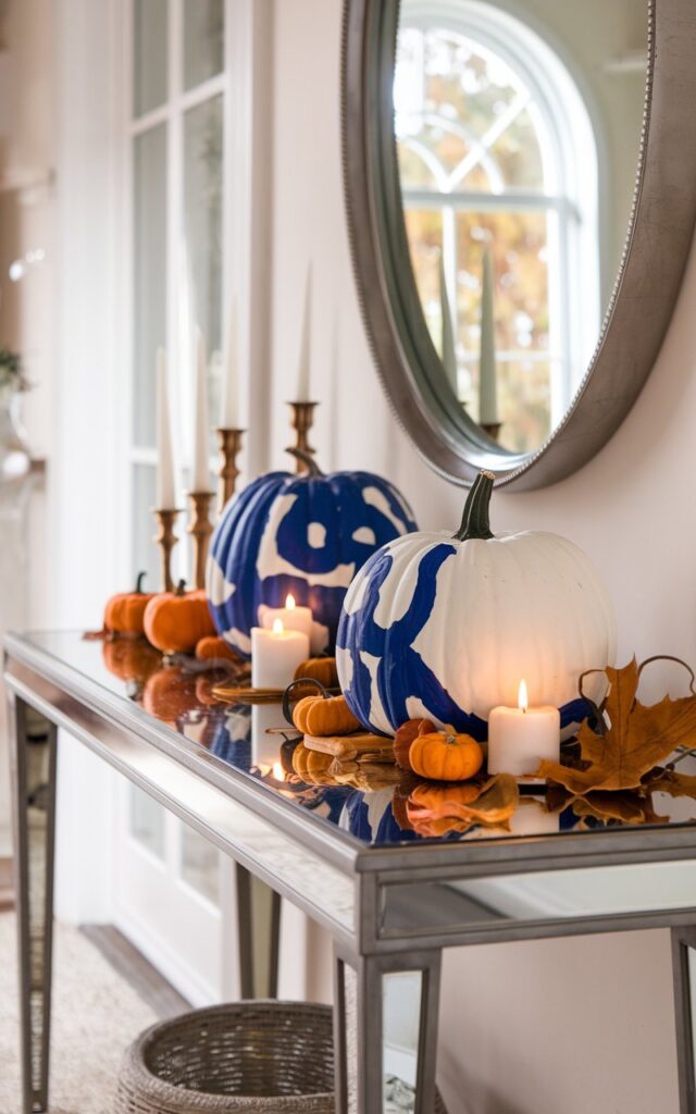 White pumpkin painted with blue patterns