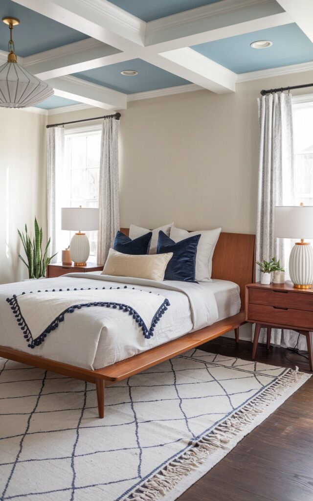 White throw with navy trim on bed