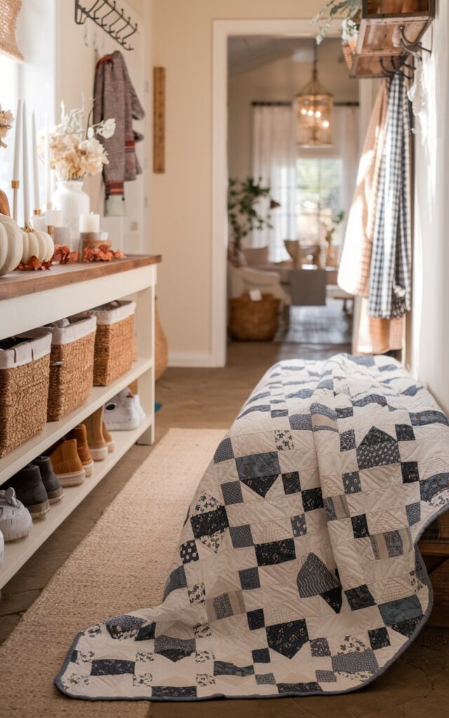 Blue and white quilt draped over wooden bench
