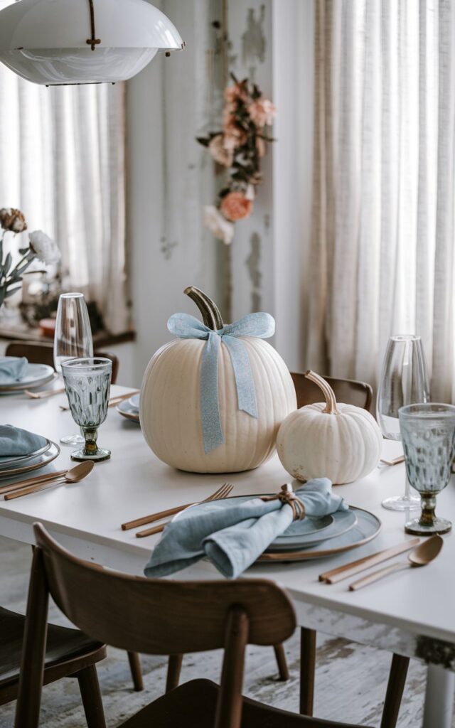 White pumpkins tied with blue ribbons on dining table