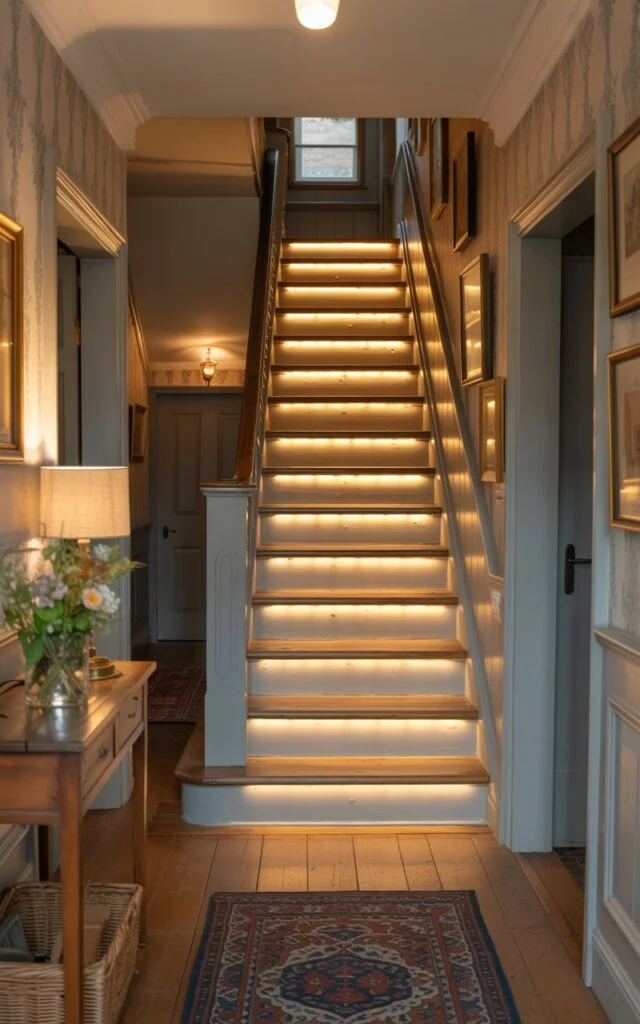 A wooden staircase illuminated by warm LED strip lighting under each step in an English countryside hallway.