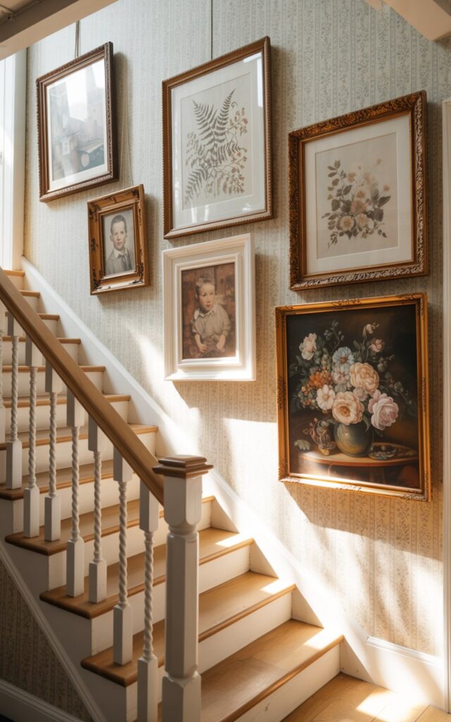 Cottagecore-inspired staircase wall adorned with botanical prints and vintage family portraits.