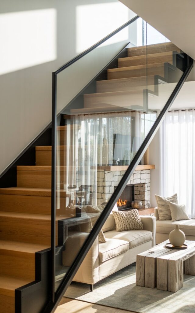 Modern staircase with light oak treads and sleek glass panel railings creating a floating effect.