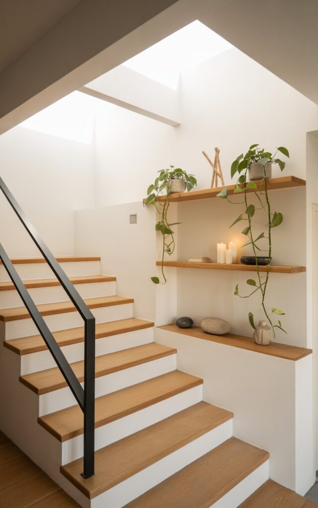 Minimalist Japandi-style staircase with floating wooden shelves displaying plants and candles.
