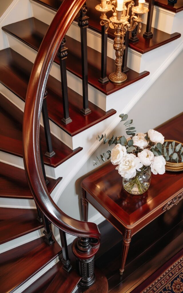 Elegant staircase with dark mahogany stained wooden treads and white risers.