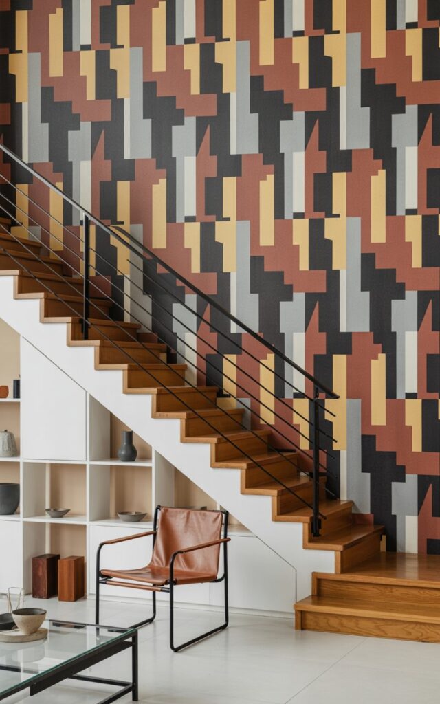 Bauhaus-style staircase wall covered with geometric abstract wallpaper in muted primary colors.