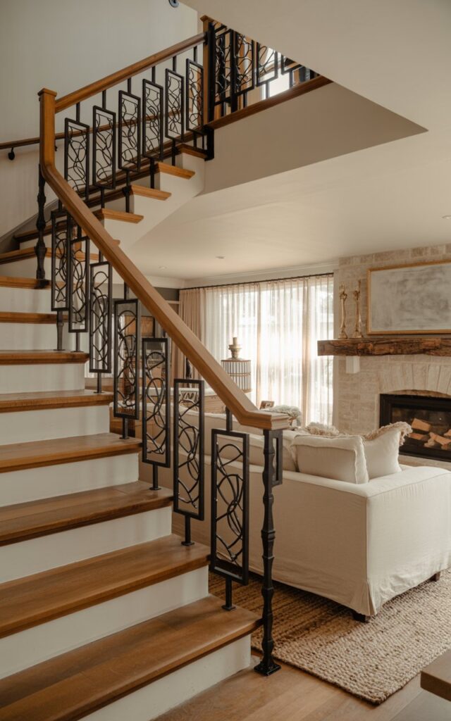 Elegant staircase featuring custom matte black metal spindles with geometric patterns.