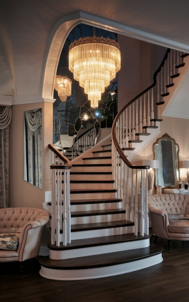 Vintage-style staircase illuminated by a cascading crystal chandelier casting warm golden light.