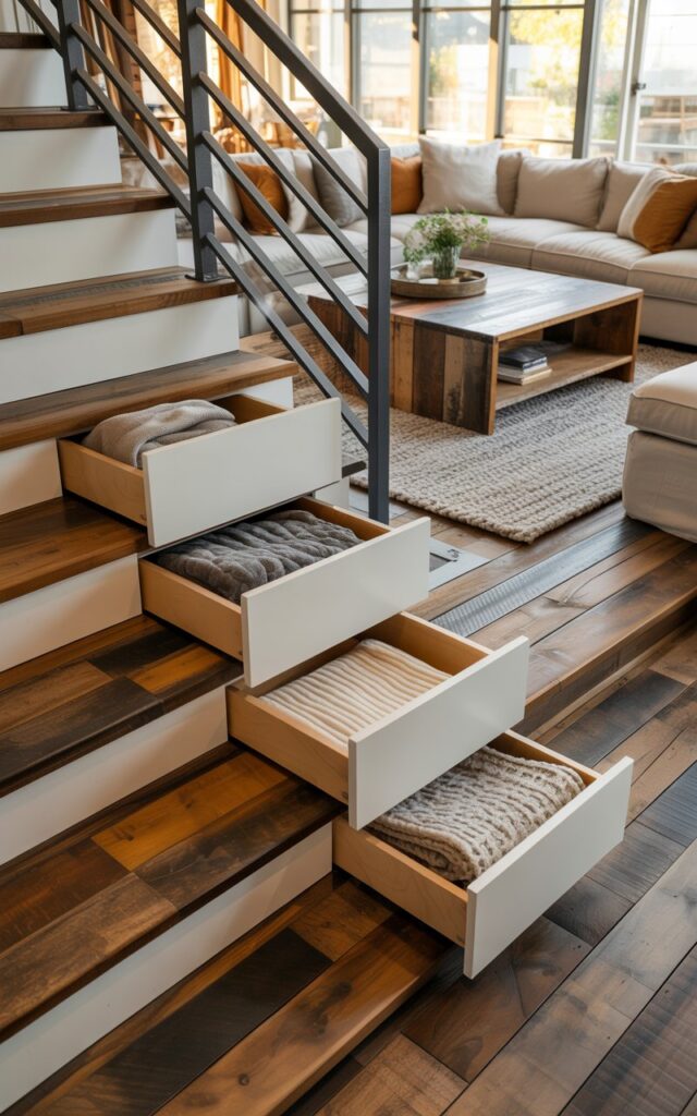 Modern rustic staircase with built-in storage drawers under each step.
