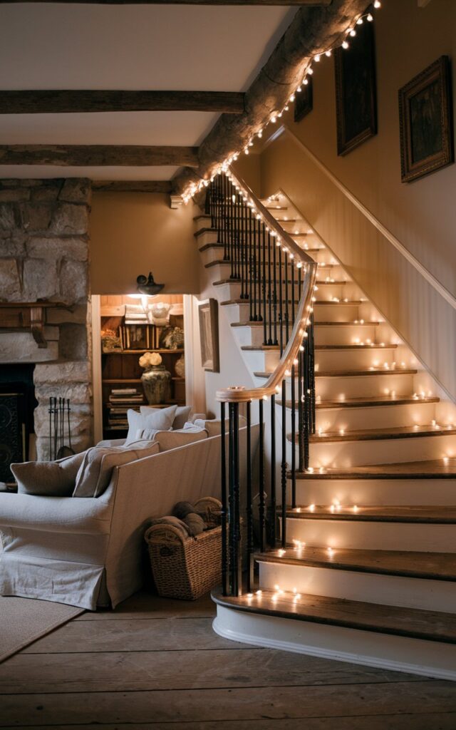 Rustic living room staircase draped with warm white fairy lights along the banister.