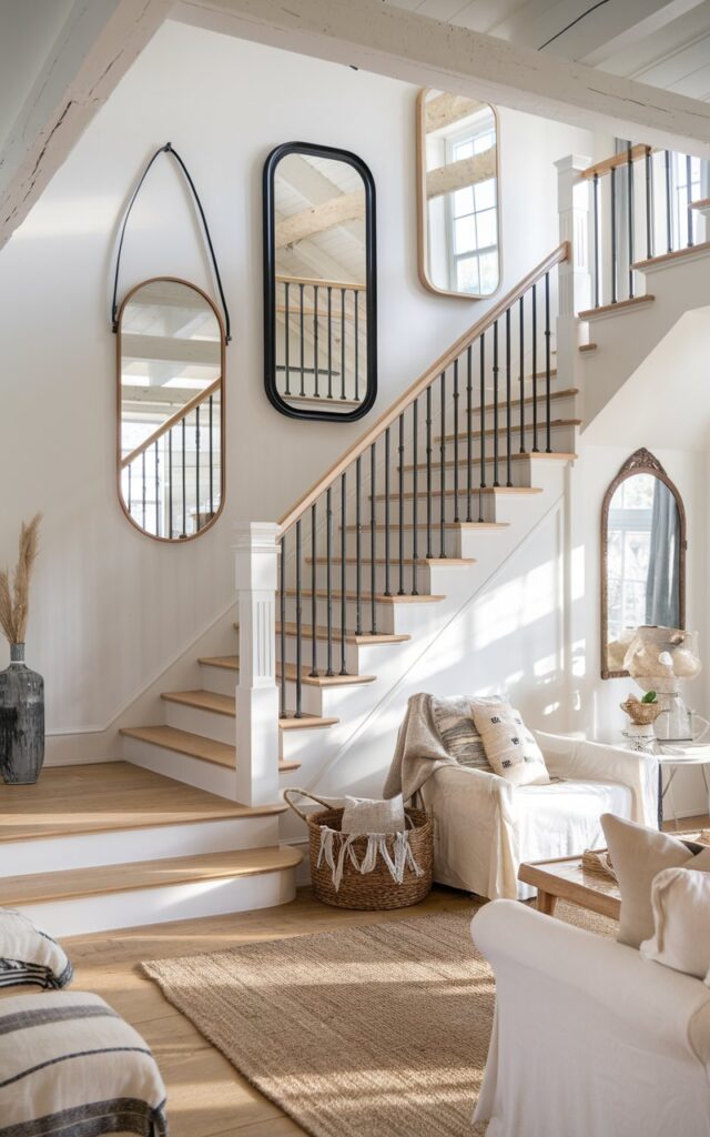 Rustic farmhouse staircase wall decorated with various shaped mirrors to create spaciousness.