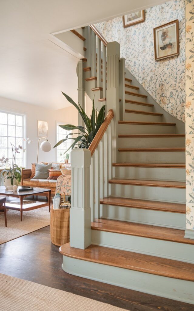 Staircase with warm natural wood treads and soft cream painted risers in a cozy living room.