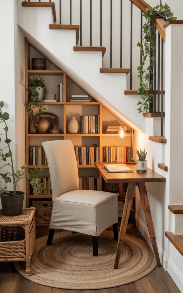 Charming reading nook under wooden staircase with cozy chair, desk, and bookshelf.