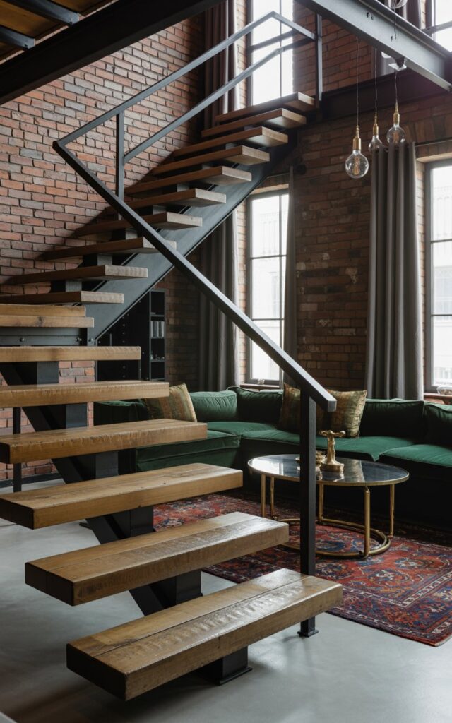 Floating staircase with thick reclaimed wood planks and matte black metal brackets in a glam-industrial living room.