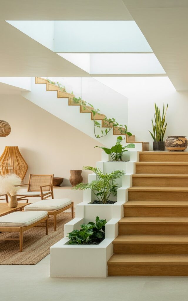 Scandinavian-Balinese style staircase with built-in planters filled with lush greenery on landings.