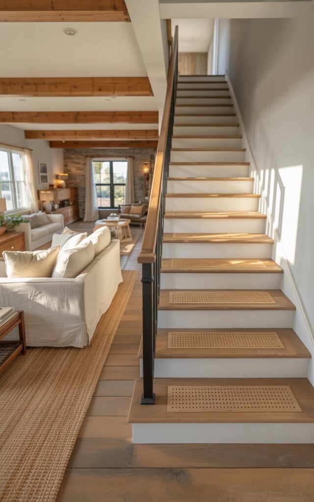 Modern farmhouse staircase featuring non-slip treads for safety and style.
