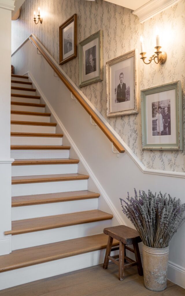 French country-style staircase wall decorated with a gallery of family photos in mixed frames.