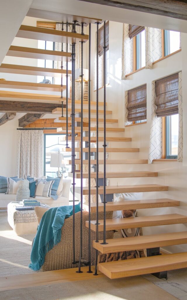 Coastal chic living room with staircase featuring open risers made of natural oak wood and black metal supports.