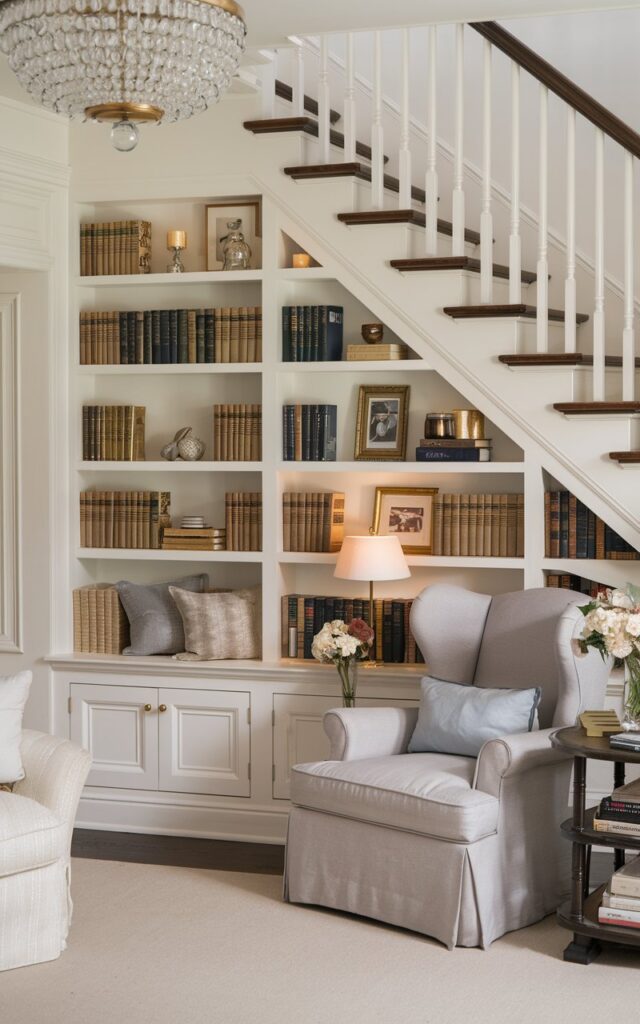 Glam countryside living room with a cozy mini library built under the staircase.