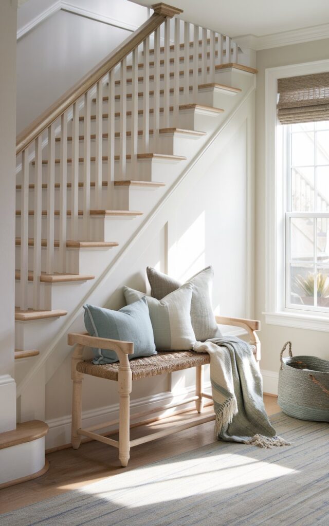 Coastal style hallway with a small weathered wood bench topped with cushions near the staircase landing.