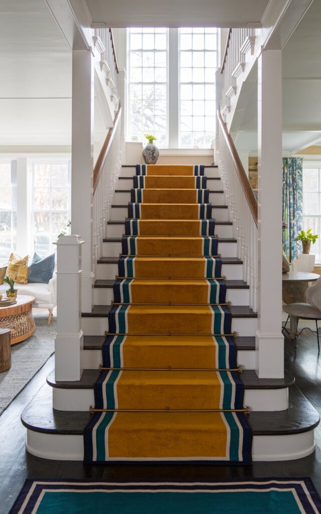 Mid-century modern staircase with a bold runner featuring contrasting borders in jewel tones.