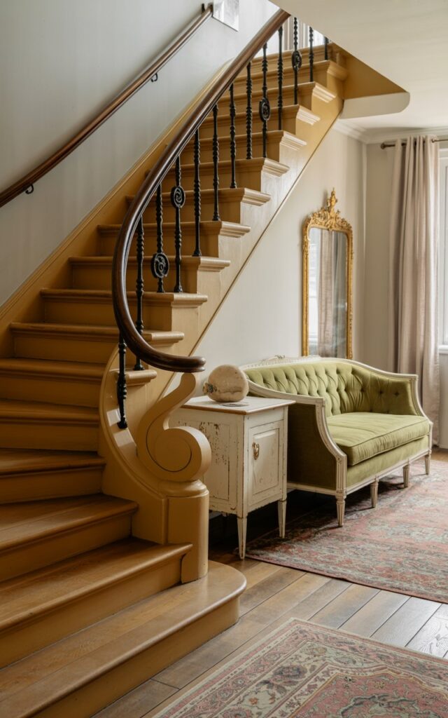 Elegant curved staircase with honey-oak treads and cream-painted risers in a Gustavian vintage living room.