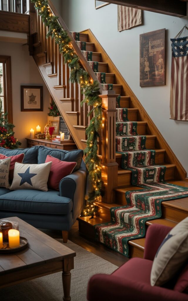 Wooden staircase adorned with festive seasonal garlands and string lights in a cozy Americana-style living room.