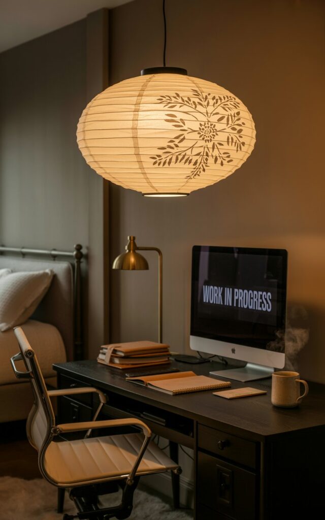 A farmhouse-style home office illuminated by a floral-patterned paper lantern casting soft shadows over a wooden desk.
