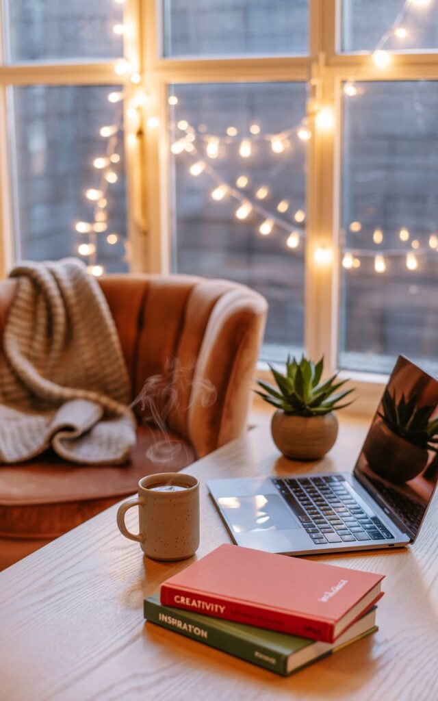 A cozy home office glowing softly with warm fairy lights strung around a window, featuring a velvet armchair and a laptop on a wooden desk.