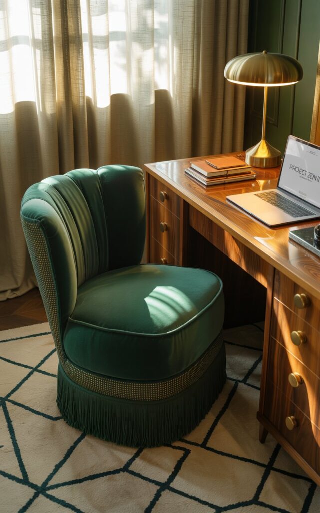 An art deco-inspired home office featuring a plush emerald velvet chair with gold accents beside a walnut desk.