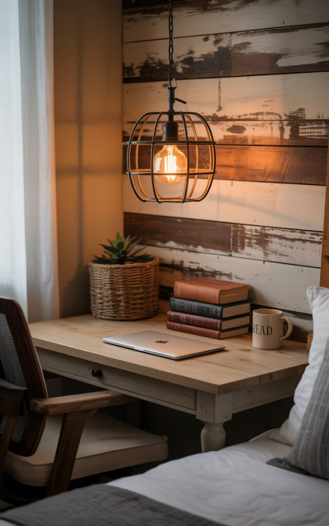A modern farmhouse office illuminated by a wrought-iron pendant with a glowing Edison bulb.